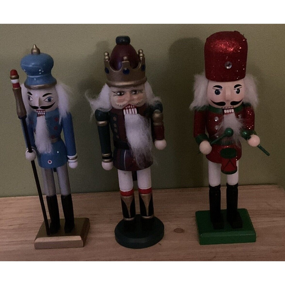 Set Of 3, 10 In‎ Nutcrackers, Red, Green, Light Blue, Drum And Staffs